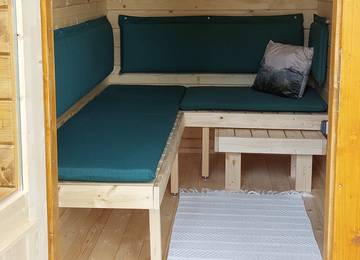 Custom-made bench pad 57x190x5cm in the color Uni-Living Dark Green with matching wall cushions